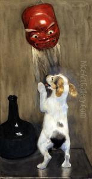 Playful Pup, Terrier, Noh Mask And Onion Bottle Oil Painting by Cecil Charles Aldin