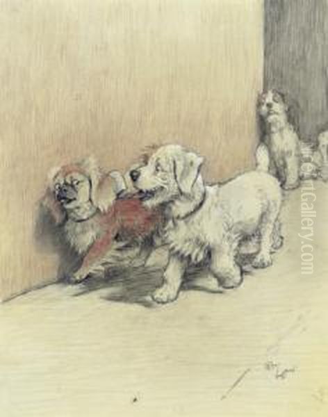 The Flirt: A Pekingese And Two Terriers Oil Painting by Cecil Charles Aldin