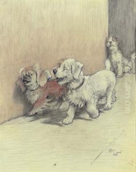 The Flirt: A Pekingese And Two Terriers Oil Painting by Cecil Charles Aldin