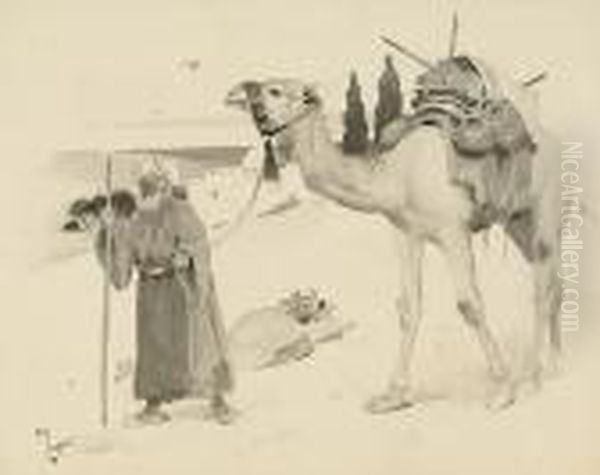 An Arab Leading A Laden Camel Oil Painting by Cecil Charles Aldin