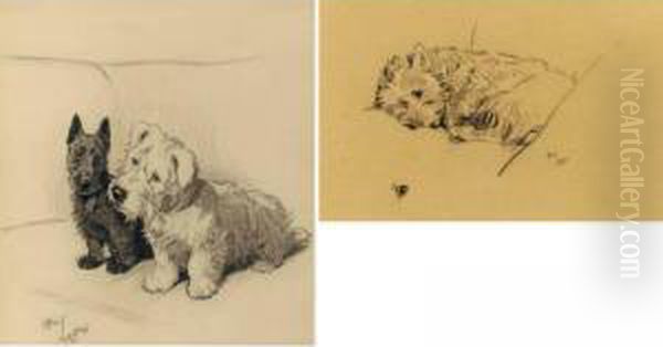 Sleeping Westie And Two Terriers: Two Works Oil Painting by Cecil Charles Aldin