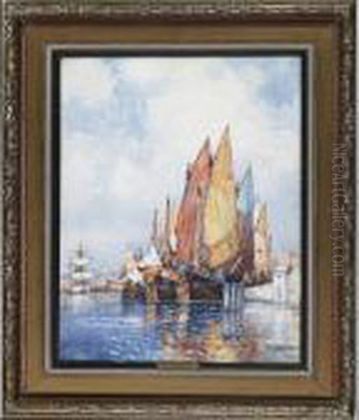 Boats At Anchor, Venice Oil Painting by Frederick James Aldridge