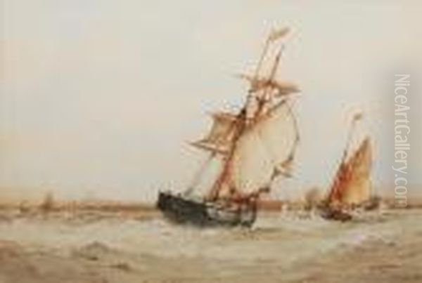 Sailing Vessels Approaching A Distantshore Oil Painting by Frederick James Aldridge