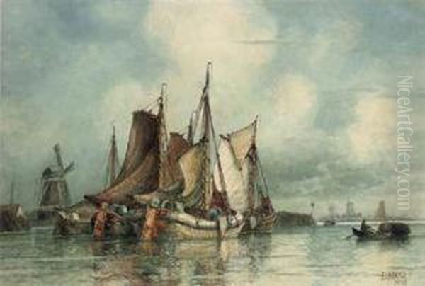 Fishing Barges Drying Their Sails In The Harbour At Dordrecht Oil Painting by Frederick James Aldridge