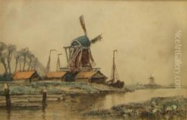 Dutch River Landscape With Windmills Oil Painting by Frederick James Aldridge