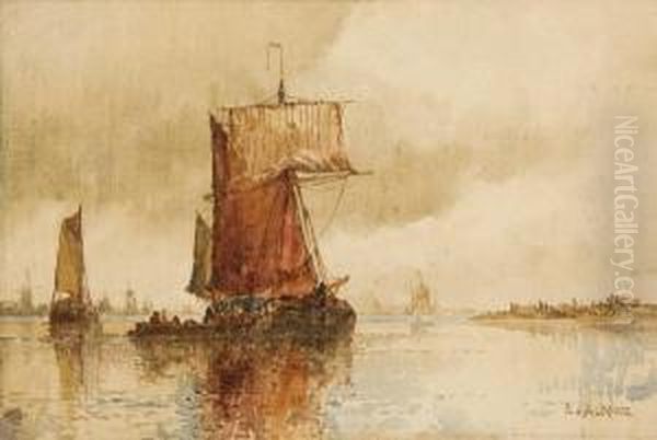 Calm Harbour Scene With Masted Ships Oil Painting by Frederick James Aldridge