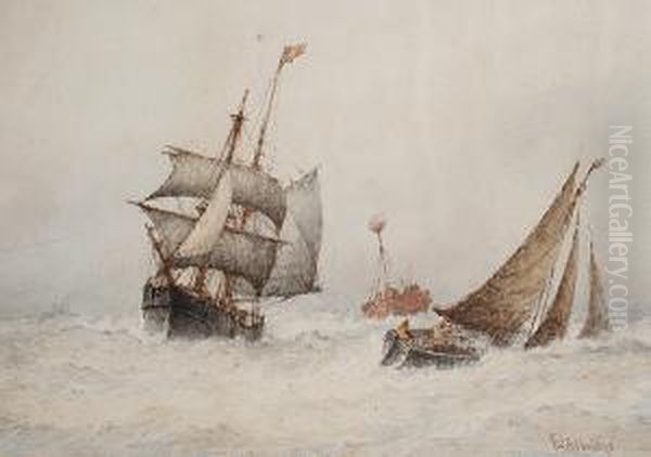 Ships In A Stormy Sea; Boats At Sea, A Pair Oil Painting by Frederick James Aldridge