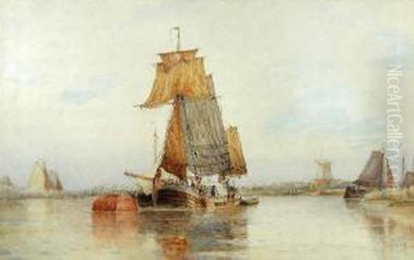 Shippingon The Norfolk Broads Oil Painting by Frederick James Aldridge