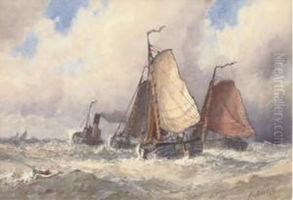 Fishing Vessels Sailing Out From Port Oil Painting by Frederick James Aldridge