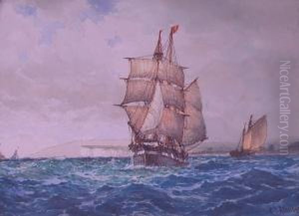 Ship Under Full Sail Off A Chalk Headland Oil Painting by Frederick James Aldridge