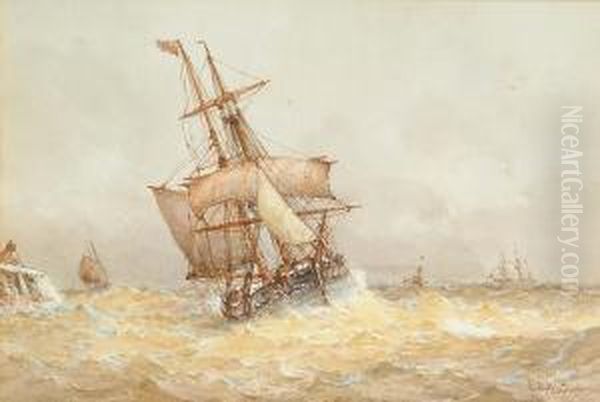 A Double-master In Choppy Seas Oil Painting by Frederick James Aldridge