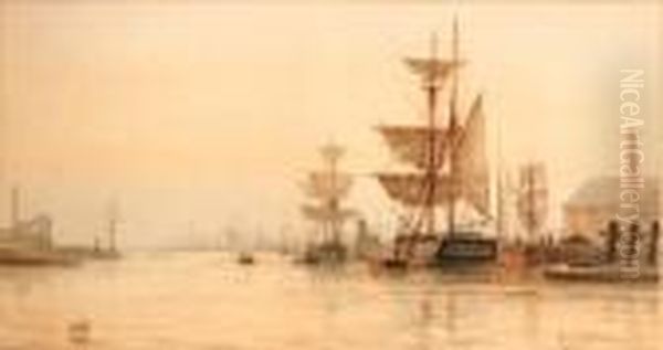 Shipping In The Docks Thought To Be Shoreham Oil Painting by Frederick James Aldridge