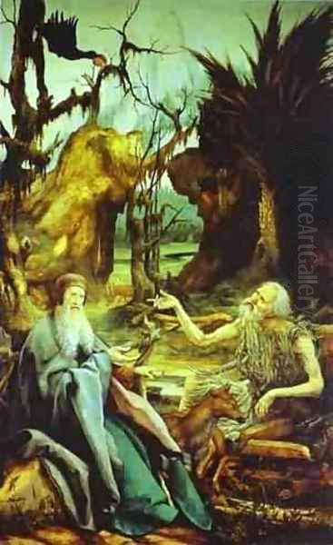 St Anthony Visiting St Paul The Hermit In The Desert 1512-15 Oil Painting by Matthias Grunewald (Mathis Gothardt)