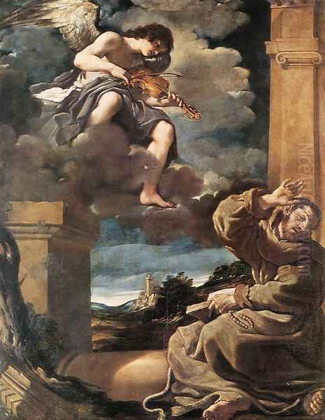 St Francis with an Angel Playing Violin Oil Painting by Giovanni Francesco Barbieri