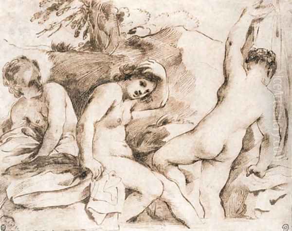 Three nymphs bathing in a mountain pool Oil Painting by Giovanni Francesco Barbieri