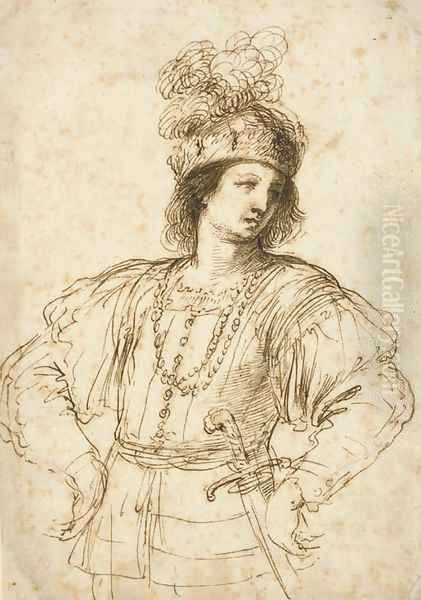 A young man with a sword in elaborate dress, his hands on his hips Oil Painting by Giovanni Francesco Barbieri