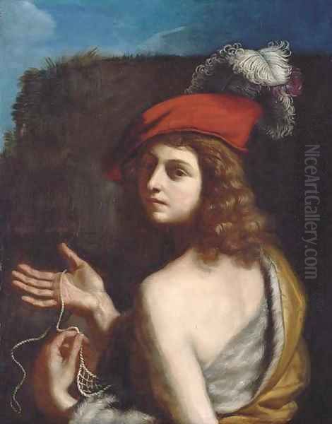 David holding a sling Oil Painting by Giovanni Francesco Barbieri