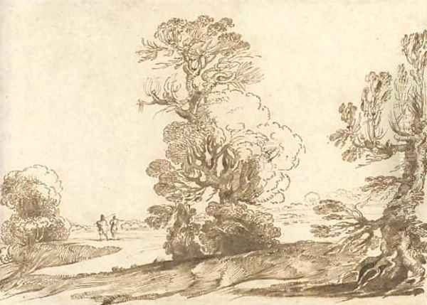 A extensive wooded landscape with two travellers on a road Oil Painting by Giovanni Francesco Barbieri