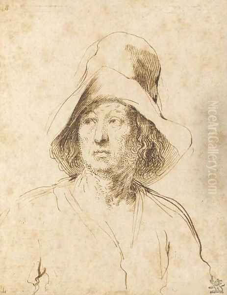 A man in a hat looking to the left, bust-length Oil Painting by Giovanni Francesco Barbieri