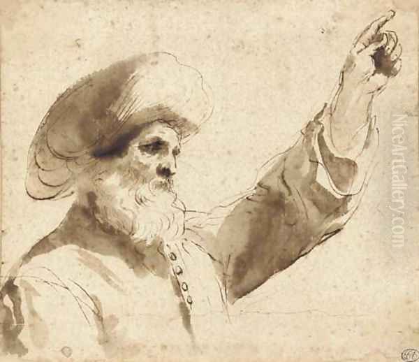 A man wearing a turban in profile to the left, raising his left hand, bust-length Oil Painting by Giovanni Francesco Barbieri