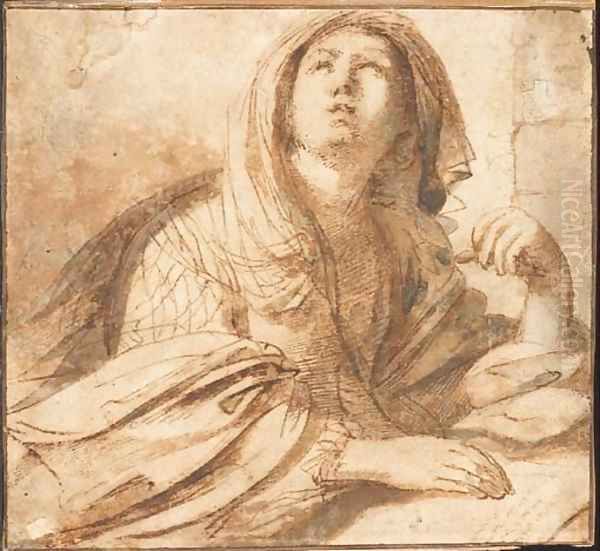 A seated sybil looking up to the left, half-length, resting her hand on a book Oil Painting by Giovanni Francesco Barbieri