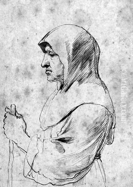 An old monk standing in profile to the left, holding a staff Oil Painting by Giovanni Francesco Barbieri