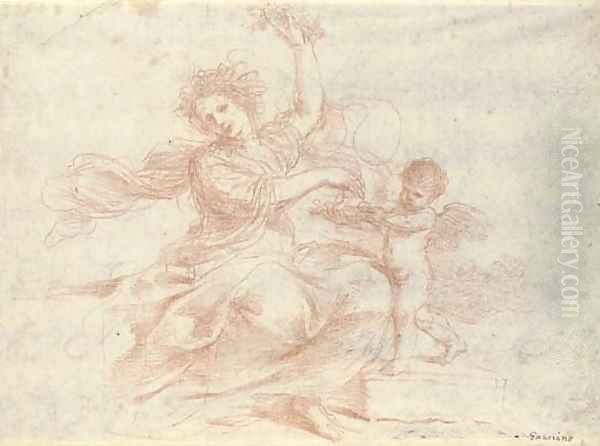 Primavera distributing flowers, accompanied by a putto Oil Painting by Giovanni Francesco Barbieri