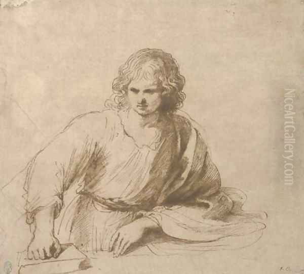 A young man, half-length, resting his right hand on a book Oil Painting by Giovanni Francesco Barbieri