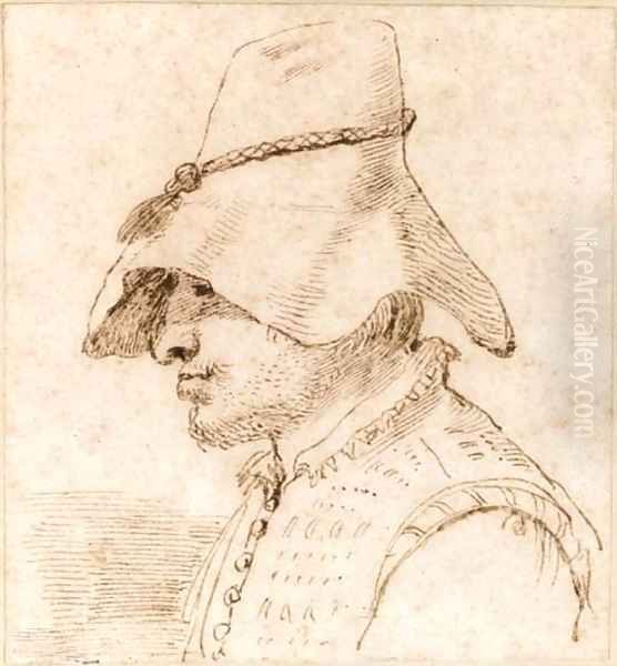 Caricature of a man in a hat in profile to the left, bust length Oil Painting by Giovanni Francesco Barbieri