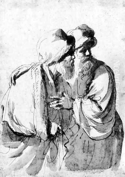 Two bearded orientals looking to the right for a Susanna and the Elders Oil Painting by Giovanni Francesco Barbieri