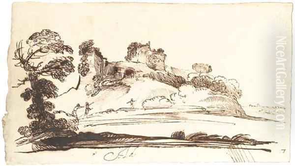 An extensive landscape with a ruined fort on a hill Oil Painting by Giovanni Francesco Barbieri