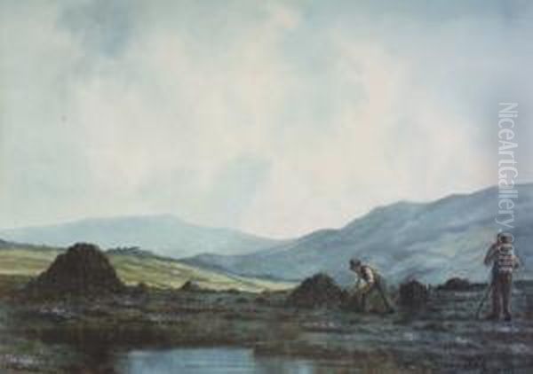 Turfcutters, Connemara Oil Painting by Douglas Alexander