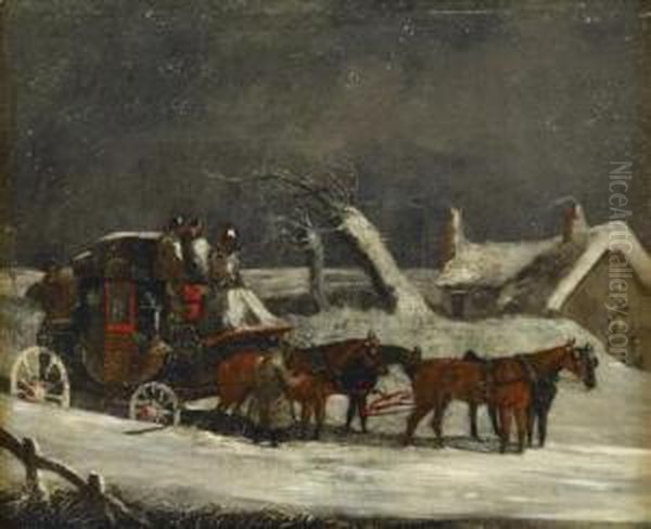 The Dover To London Coach At A Halt By A Cottage In The Snow Oil Painting by Henry Thomas Alken