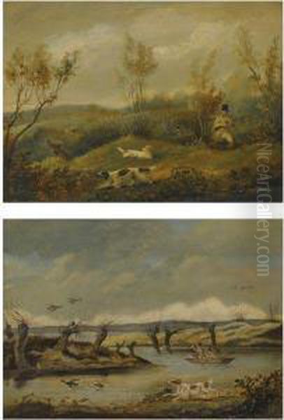 Out Shooting: Duck Flighting, 
Shooting Over Pointers, Walked Upwoodcock, And Pheasant Shooting Oil Painting by Henry Thomas Alken