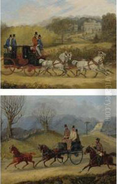 Coach And Four Greys And Tandem Coach: Two Coaching Scenes Oil Painting by Henry Thomas Alken