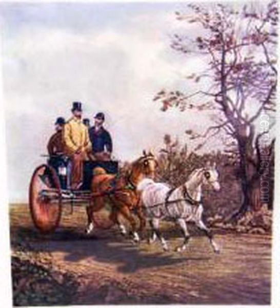 Two Horses Pulling An Open Two Wheel Carriage Oil Painting by Henry Thomas Alken