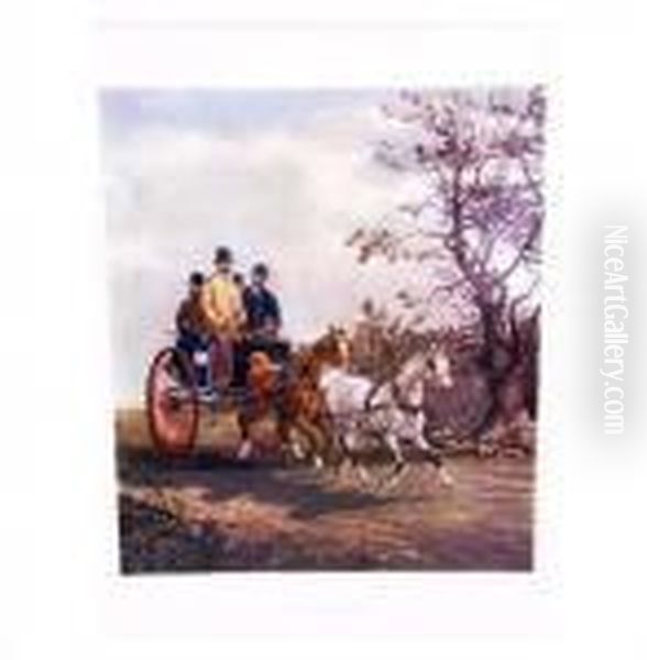 Two Horses Pulling An Open Two 
Wheel Carriage, With A Driver And Three Other Passengers, Along A 
Country Road Oil Painting by Henry Thomas Alken