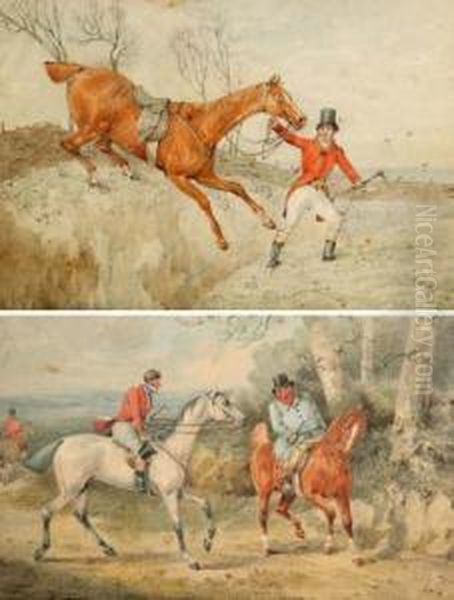 Leading His Horse Over A Brook And The Jolly Huntsman On Horseback Oil Painting by Henry Thomas Alken