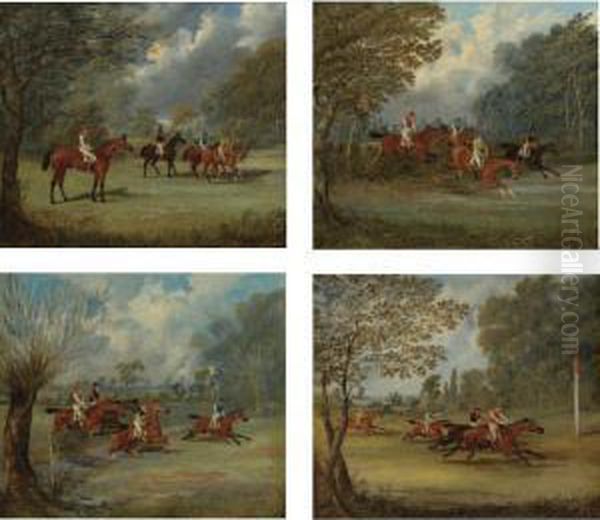 The Steeplechase: The Start, A 
Slap At A Brook, Over The Hedge And The Finish (a Set Of Four) Oil Painting by Henry Thomas Alken