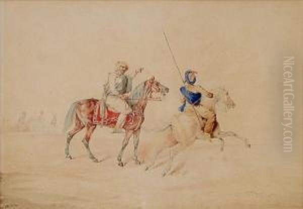 Three Mounted Arab Horsemen In A
 Desert, A Town On The Skyline, And Companion Of An Arab On His Stallion
 With A Mounted Messenger Oil Painting by Henry Thomas Alken