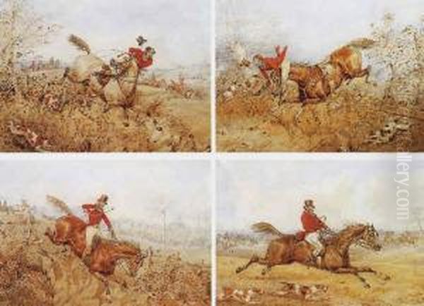 Jumping A Fence (#) A Dangerous Fall (#) Crossing A Ditch (#) In Full Cry Oil Painting by Henry Thomas Alken