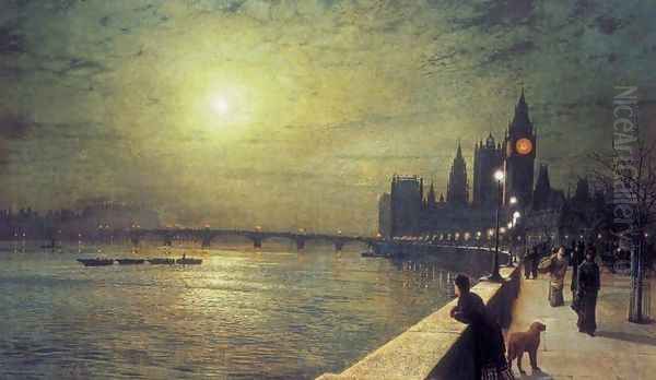 Reflections on the Thames, Westminster Oil Painting by John Atkinson Grimshaw