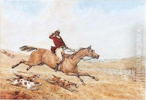 Huntsman Sounding His Horn; Huntsman Riding With The Hounds Oil Painting by Henry Thomas Alken