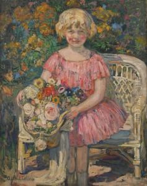 Paulette, La Fille De L'artisteau Bouquet De Fleurs Oil Painting by Fernand Allard L'Olivier