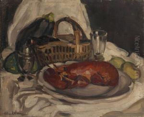 Nature Morte Festive Au Homardet Bouteille De Vin Oil Painting by Fernand Allard L'Olivier