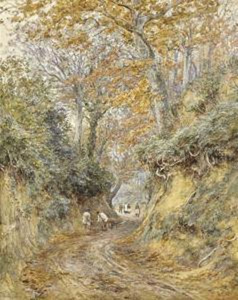 Raking The Leaves, Hollow Lane, Witley, Surrey Oil Painting by Helen Mary Elizabeth Allingham