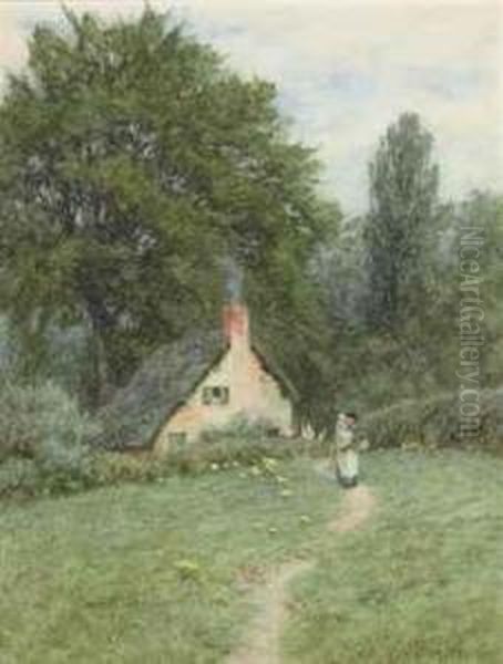 A Thatched Cottage, Near Disley, Cheshire Oil Painting by Helen Mary Elizabeth Allingham