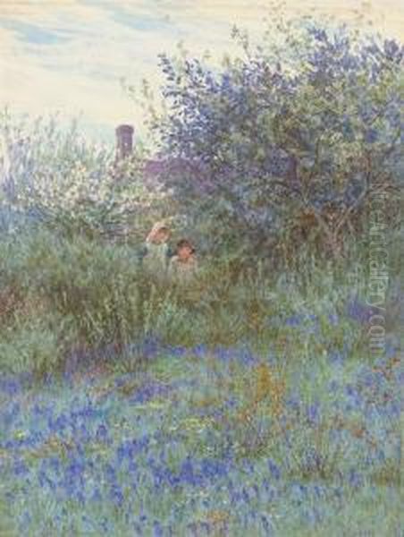 Children At The Edge Of A Bluebell Field, A Cottage Beyond Oil Painting by Helen Mary Elizabeth Allingham