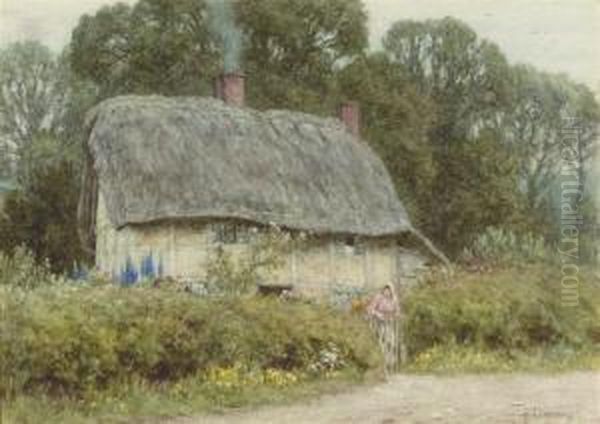 A Young Girl Outside A Cottage In Hagbourne, Berkshire Oil Painting by Helen Mary Elizabeth Allingham