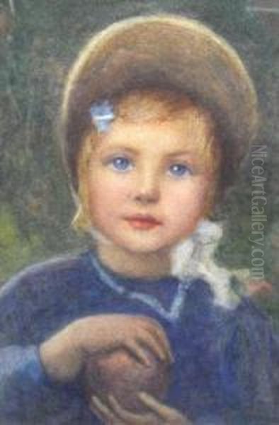 Portrait Of A Young Girl In A Bonnet Holding Anapple Oil Painting by Helen Mary Elizabeth Allingham